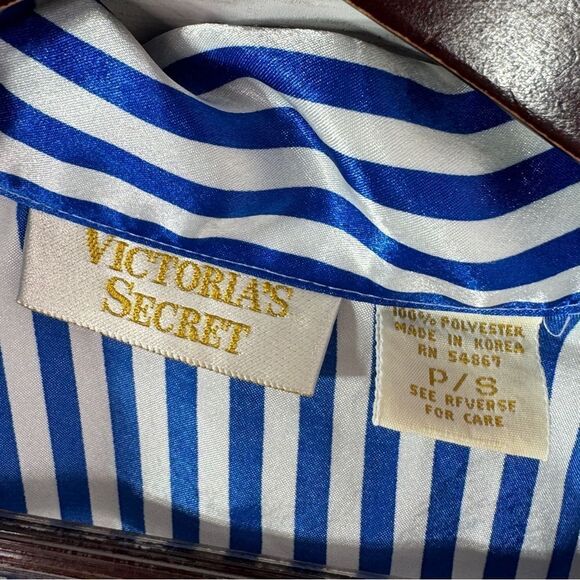 Victoria’s Secret Vintage Striped Satin Sleep Shirt White Blue Small Button Up - Picture 8 of 10